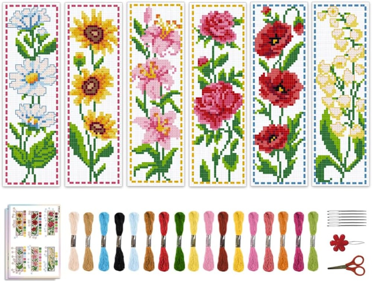6PCS Cross Stitch Bookmark Kit for Beginner Flower Pattern Stamped Cross Stitch Kits for Adults Crossstitch Kits Adult Bookmarks